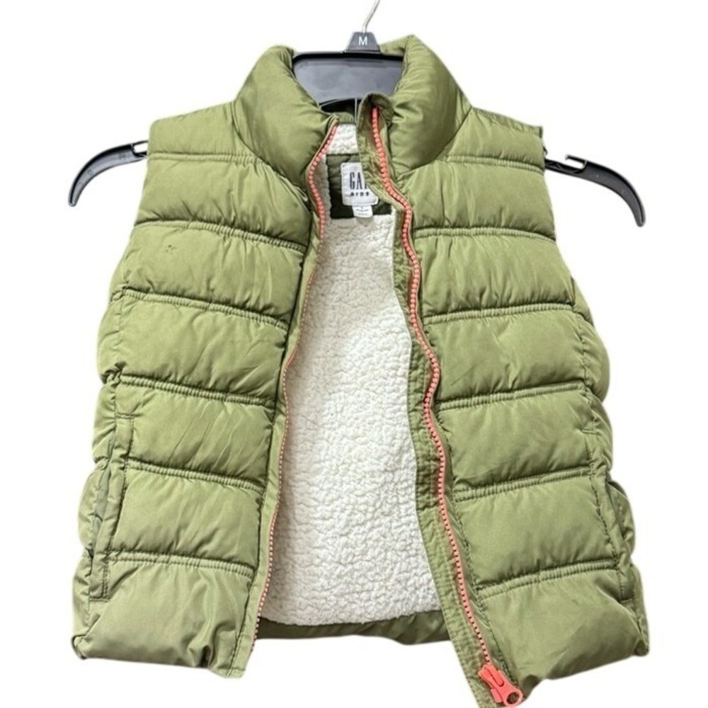 Gap Kids Puffer Vest Olive Green Sherpa Lined Full Zip Girls‎ Size Small S 6-7